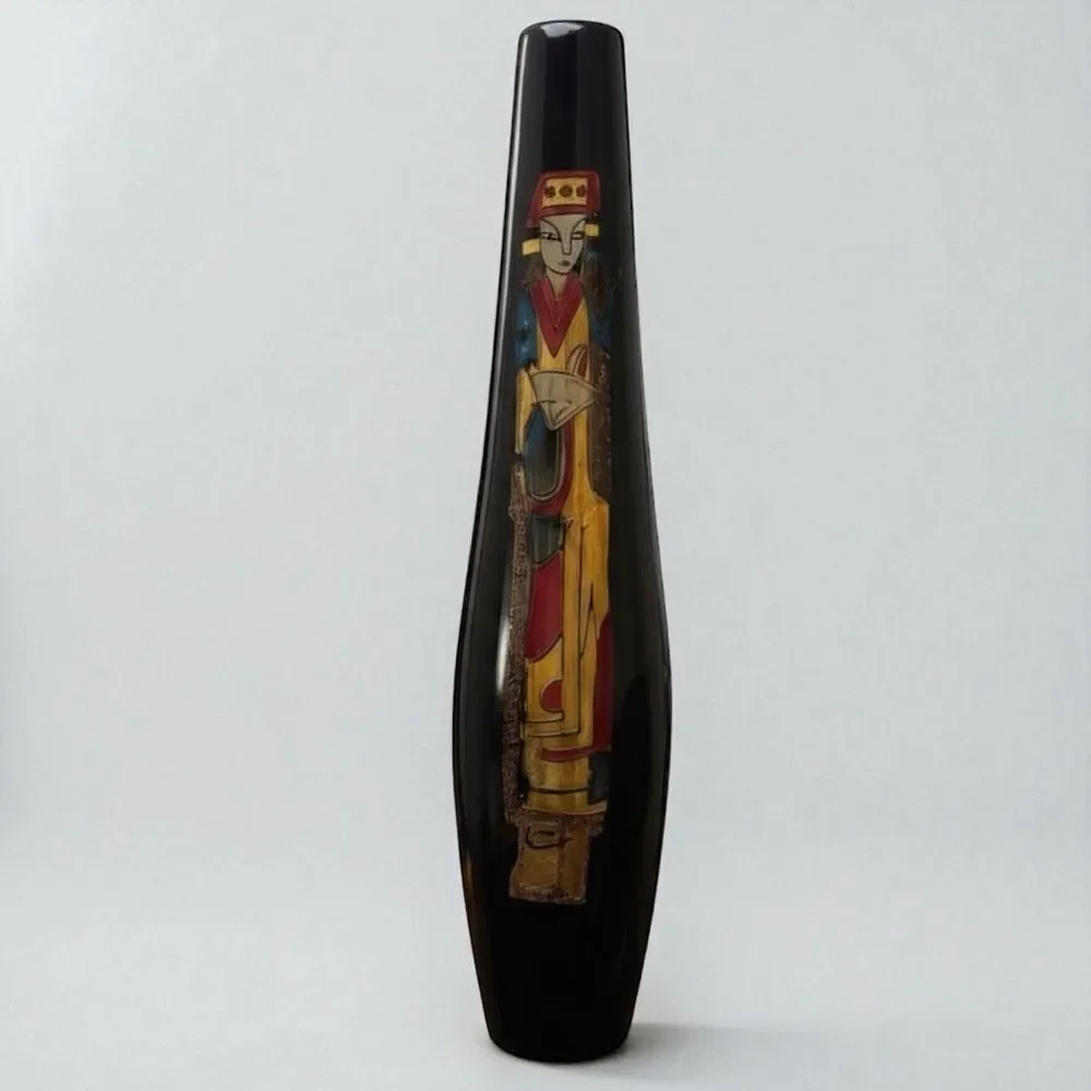 Vintage Japanese Gilded Gold Black Lacquer Tall Vase